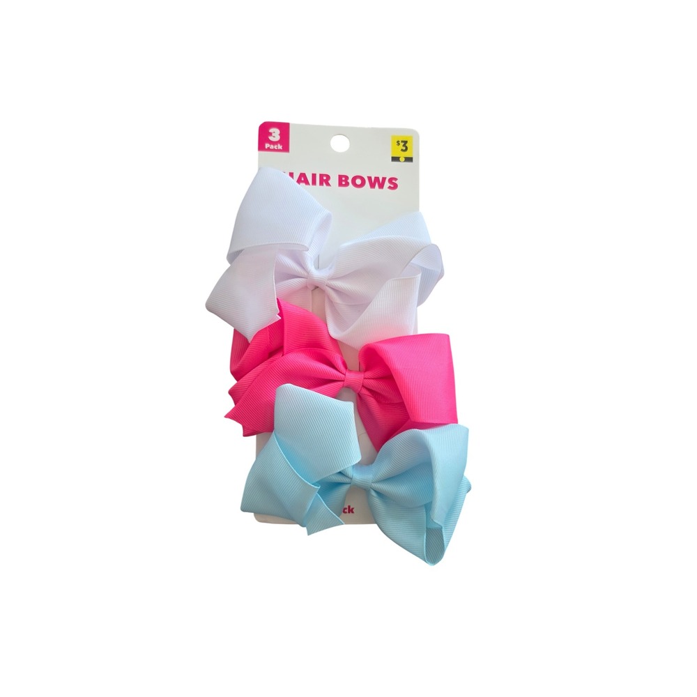3 Pack Kids Large Grosgrain Ribbon Hair Bows White Pink Blue Set Hair Clips